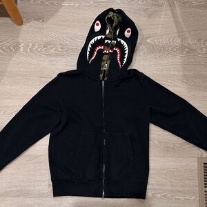 Bape Black Hoodie with Shark Design and Camouflage Interior